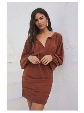 Free People Rust Brown Long-Sleeve Ruched Mini Dress